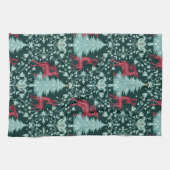 Christmas Folk Art Red Reindeer and Tree キッチンタオル (横)