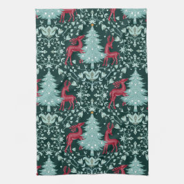 Christmas Folk Art Red Reindeer and Tree キッチンタオル