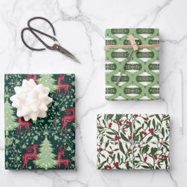 Christmas Folk Art Reindeer, Ornaments, Mistletoe ラッピングペーパーシート