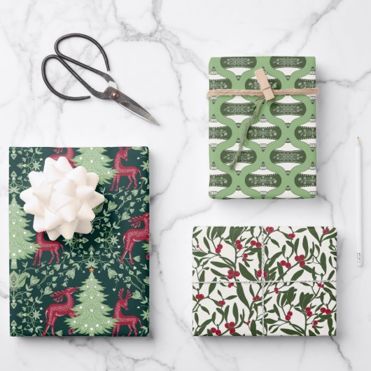 Christmas Folk Art Reindeer, Ornaments, Mistletoe ラッピングペーパーシート (正面)
