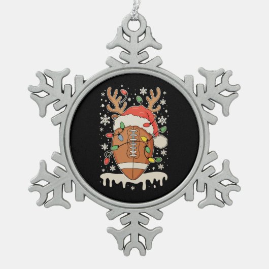 Christmas Football Santa Hat Reindeer Xmas Lights スノーフレークピューターオーナメント (正面)