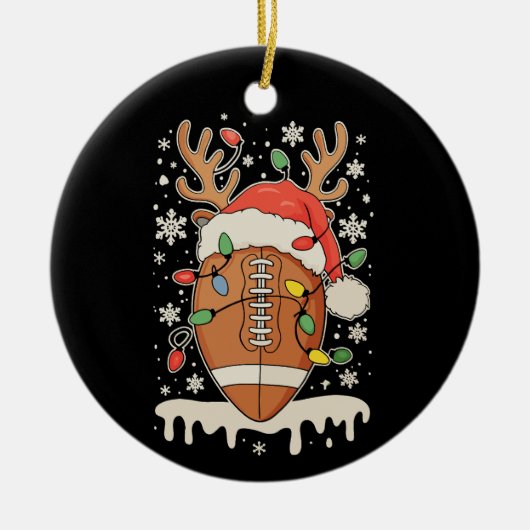 Christmas Football Santa Hat Reindeer Xmas Lights セラミックオーナメント (正面)