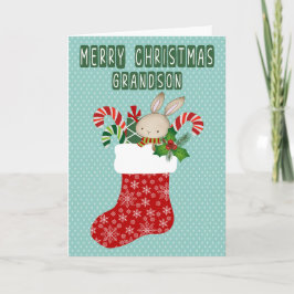 Christmas for Grandson Stocking with Bunny カード
