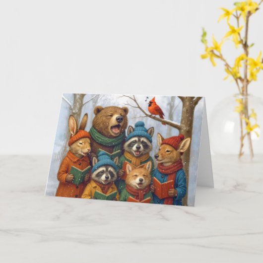 Christmas Forest Animals Caroling In Winter Woods カード (黄色い花)