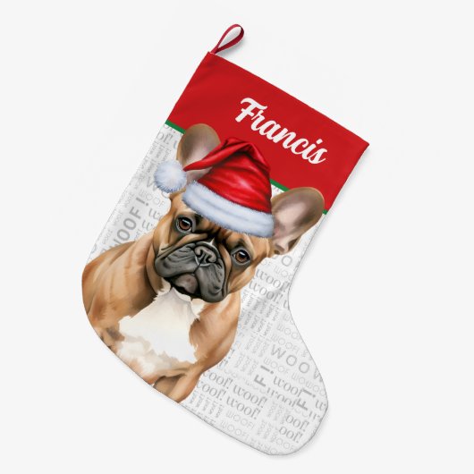 Christmas French Bulldog with Name Woof Background ラージクリスマスストッキング (正面 (吊り時))