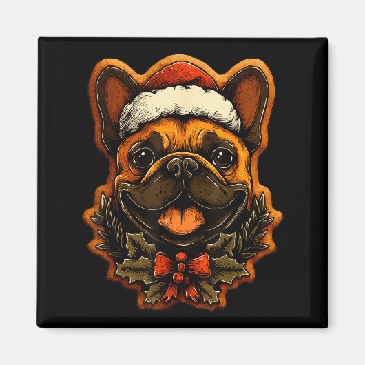 Christmas French Bulldog With Santa Hat Gingerbrea マグネット (正面)