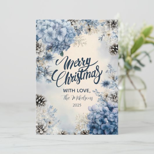 Christmas Frosted Blue Greenery シーズンカード (スタンド正面)