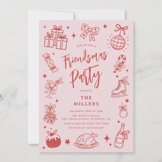  Christmas Fun Doodle Friendsmas Party 招待状 (正面)