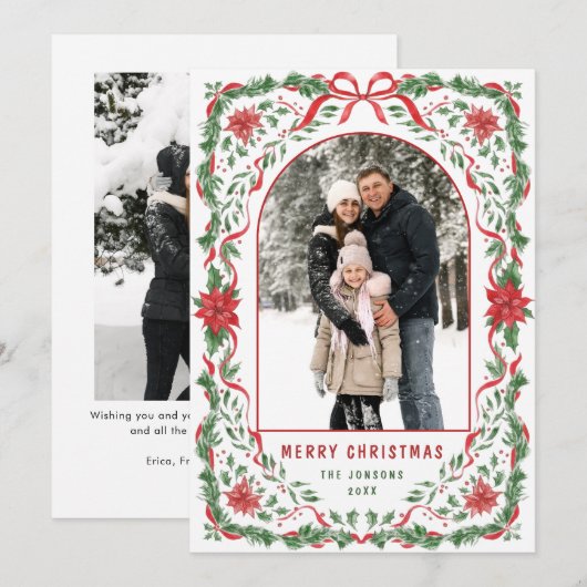 Christmas Funky Whimsical Red Bow Wreath 2 Photo シーズンカード (正面/裏面)