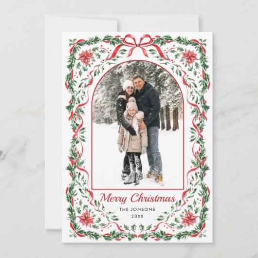 Christmas Funky Whimsical Red Bow Wreath 2 Photo シーズンカード (正面)