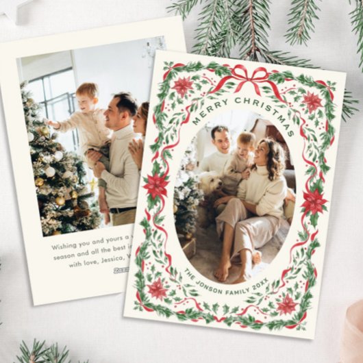 Christmas Funky Whimsical Red Bow Wreath 2 Photo シーズンカード