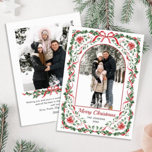 Christmas Funky Whimsical Red Bow Wreath 2 Photo シーズンカード