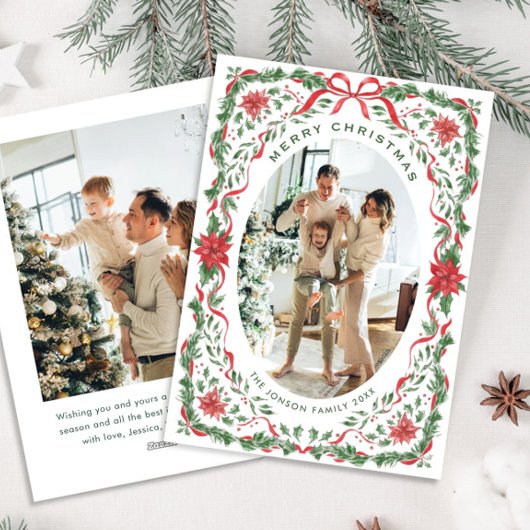Christmas Funky Whimsical Red Bow Wreath 2 Photo シーズンカード