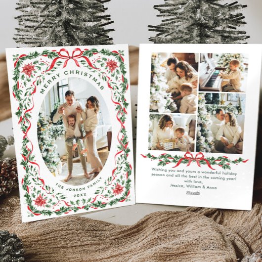 Christmas Funky Whimsical Red Bow Wreath 5 Photo シーズンカード