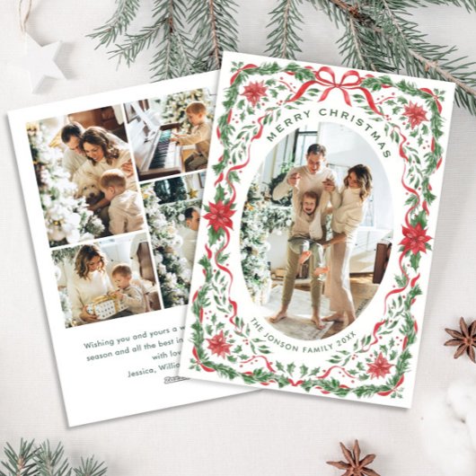 Christmas Funky Whimsical Red Bow Wreath 5 Photo シーズンカード