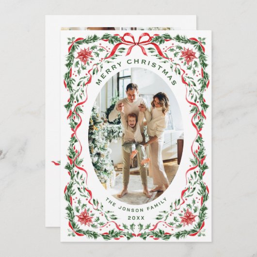 Christmas Funky Whimsical Red Bow Wreath 5 Photo シーズンカード (正面/裏面)