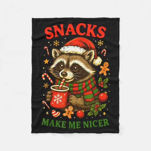 Christmas Funny Cute Feral Raccoon Snacks Make Me  フリースブランケット (正面)