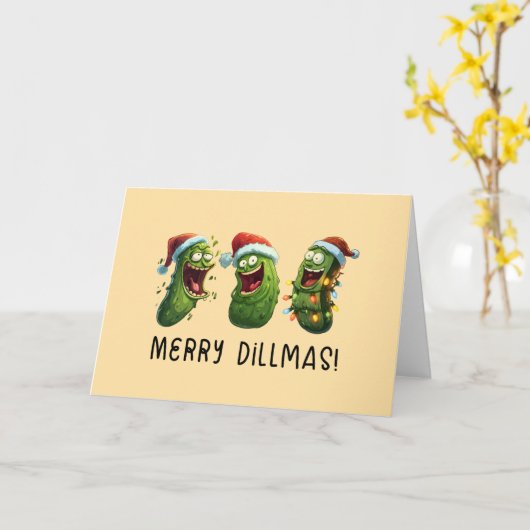 Christmas funny dill pickles Merry Dillmas カード (黄色い花)