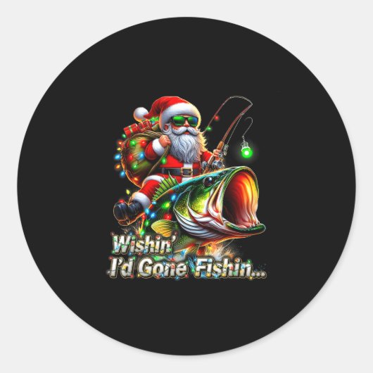 Christmas Funny Fish Santa Fishing Merry Fishmas ラウンドシール (正面)
