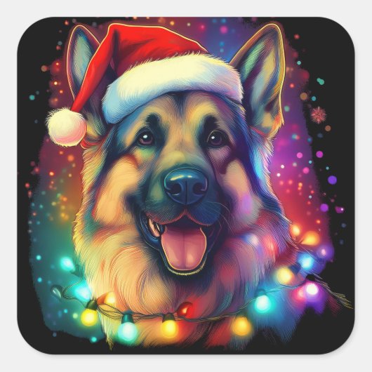 Christmas German Shepherd Dog with Santa Hat   スクエアシール (正面)