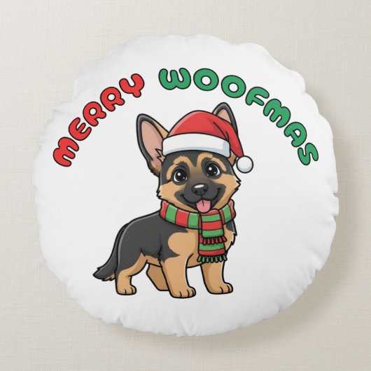 Christmas German Shepherd: Merry Woofmas ラウンドクッション (正面)