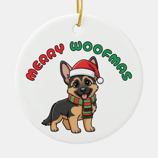 Christmas German Shepherd Ornament: Merry Woofmas セラミックオーナメント (正面)