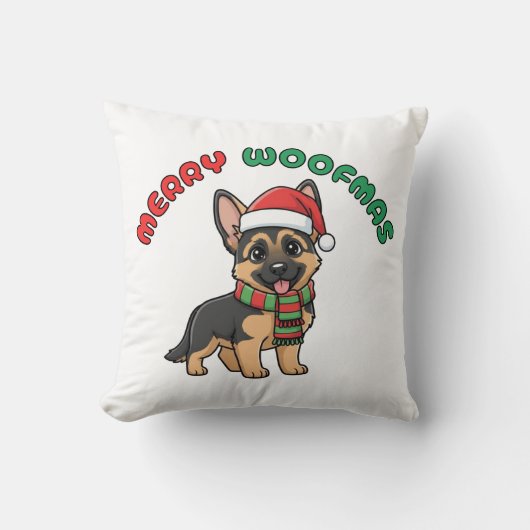 Christmas German Shepherd Pillow: Merry Woofmas クッション (正面)