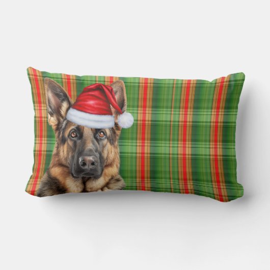 Christmas German Shepherd Red Green Plaid Holiday ランバークッション (裏面)