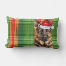 Christmas German Shepherd Red Green Plaid Holiday ランバークッション