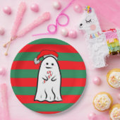 Christmas Ghost on Red and Green Stripes ペーパープレート (パーティー)