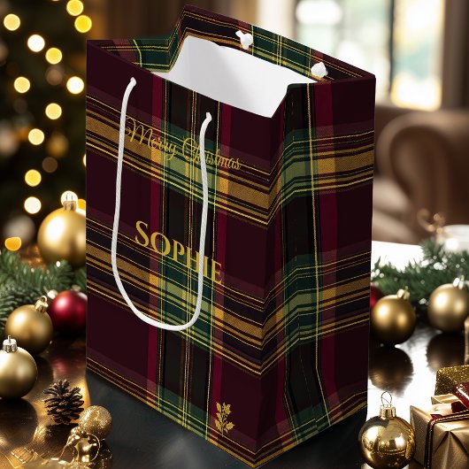 Christmas Gift Bag Burgundy Plaid Tartan Design ミディアムペーパーバッグ