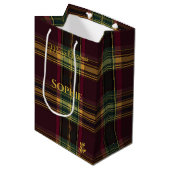 Christmas Gift Bag Burgundy Plaid Tartan Design ミディアムペーパーバッグ (正面アングル)