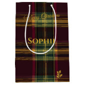 Christmas Gift Bag Burgundy Plaid Tartan Design ミディアムペーパーバッグ (正面)