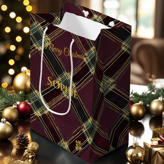 Christmas Gift Bag Plaid Tartan Gold Pattern ミディアムペーパーバッグ
