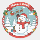 Christmas Gift Sticker – Merry & Bright Snowman ラウンドシール (正面)
