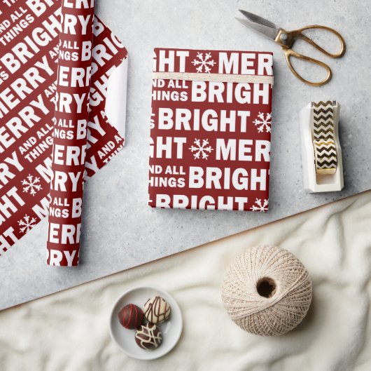 Christmas Gift Wrap | Merry and Bright Dark Red ラッピングペーパー (クラフト)