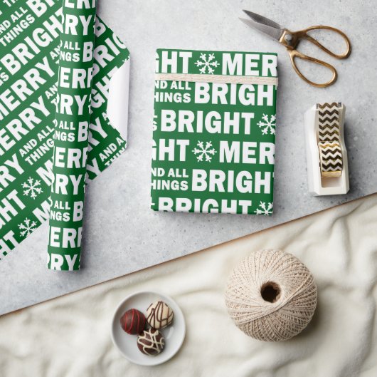 Christmas Gift Wrap | Merry and Bright Green White ラッピングペーパー (クラフト)