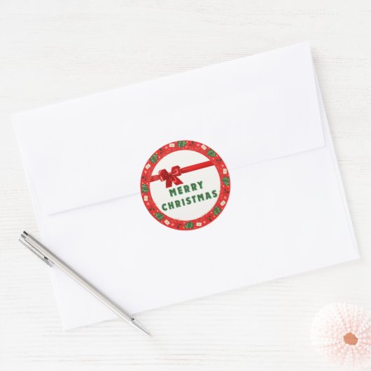 Christmas Gift Wrapping Sticker | Red Wreath & Rib ラウンドシール (封筒)