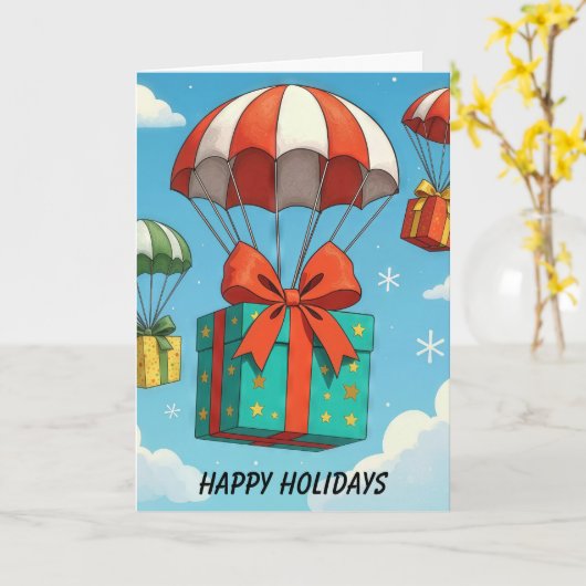 Christmas Gifts Delivered By Parachutes カード (黄色い花)
