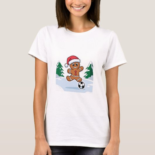 Christmas Gingerbread Cookie playing soccer Tシャツ (正面)