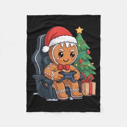 Christmas Gingerbread Gamer Chair Holiday Gaming B フリースブランケット (正面)