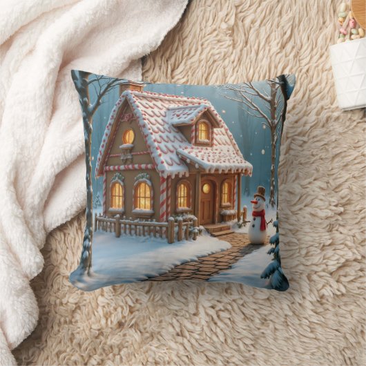 Christmas Gingerbread House With a Snowman  クッション (ブランケット)