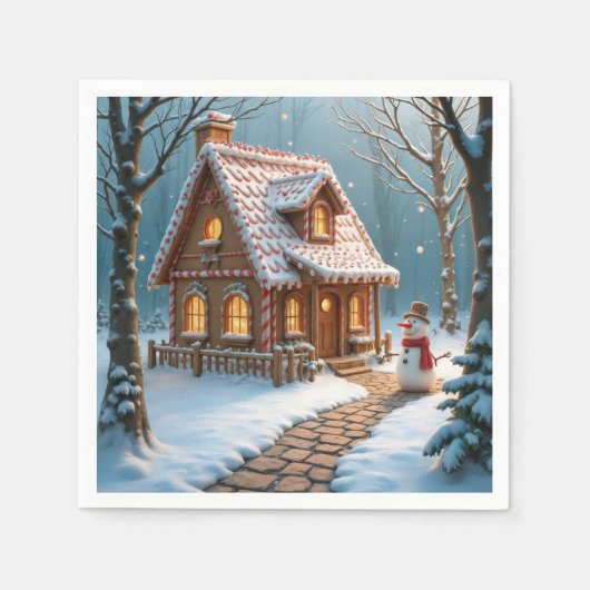 Christmas Gingerbread House With a Snowman スタンダードカクテルナプキン (正面)