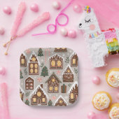 Christmas Gingerbread Houses Holiday Pattern ペーパープレート (パーティー)