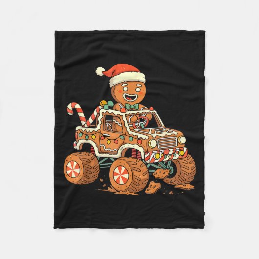 Christmas Gingerbread Man Driving Truck Xmas Light フリースブランケット (正面)