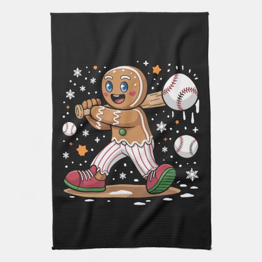 Christmas Gingerbread Man Sports Player Baseball  キッチンタオル (縦)