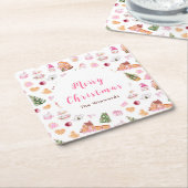 Christmas Gingerbread Pink Merry Christmas スクエアペーパーコースター (アングル)