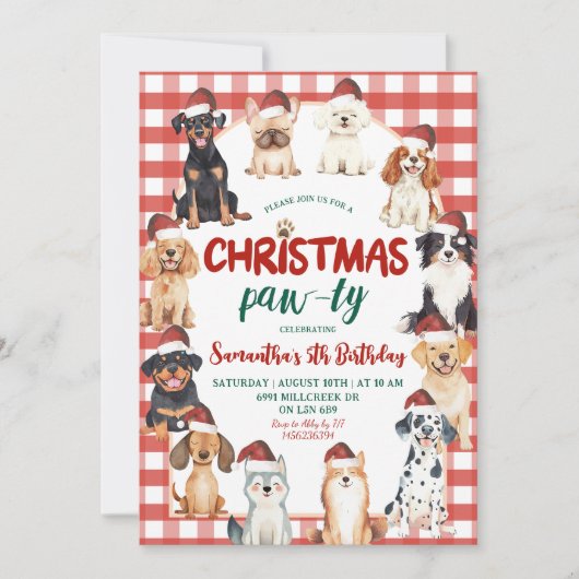 Christmas Gingham Dog Paw-ty Animal Lover Birthday 招待状 (正面)