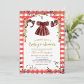 Christmas Gingham Girl Winter Clothes Baby Shower 招待状 (スタンド正面)