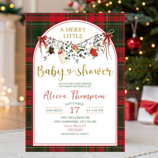 Christmas Gingham Rustic Merry Little Baby Shower 招待状